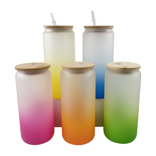16oz Frosted Gradient Color Glass With Bamboo Lid And Straw